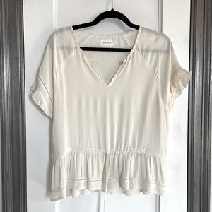 FLANNEL Short Sleeve Tie Blouse, Cream, Size M